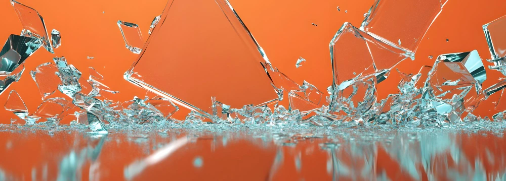 Shattered glass fragments lie across a vivid coral surface.