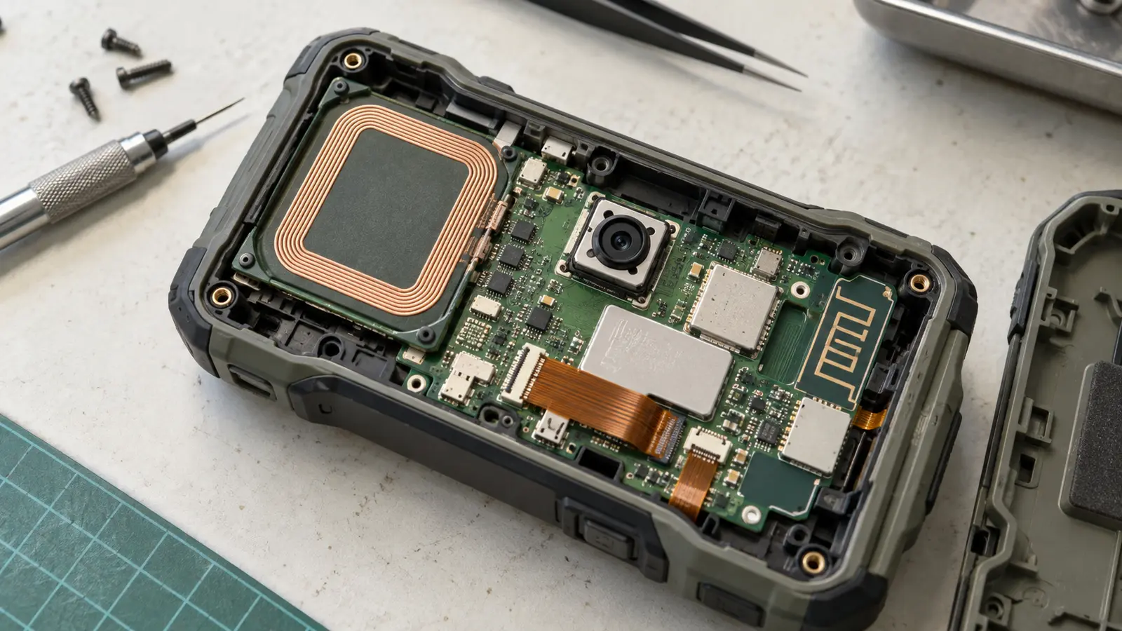 Open rugged credential scanner showing its NFC coil, camera module and printed radio antenna