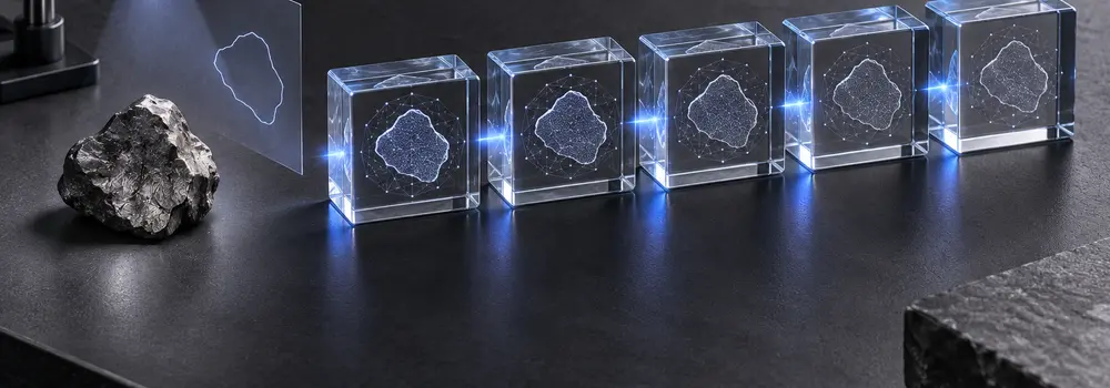 A physical specimen scanned into linked glass records, separating external reality from its preserved digital claim.