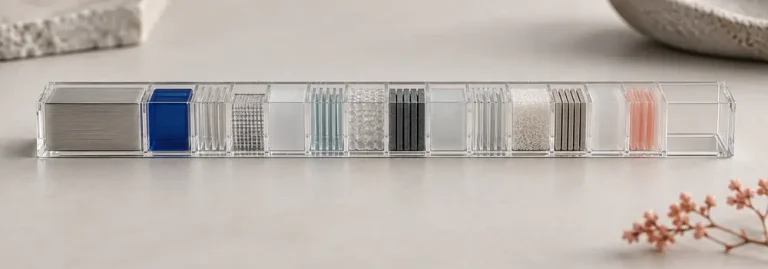 A long transparent packet tray is progressively occupied by metal, blue, glass and ceramic protocol layers.