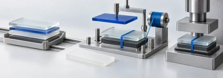 Translucent layers are rearranged in a precision fixture and bound with a blue filament before a signature press.