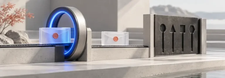 A sealed translucent document passes through a blue inspection ring before reaching a separate policy gate.
