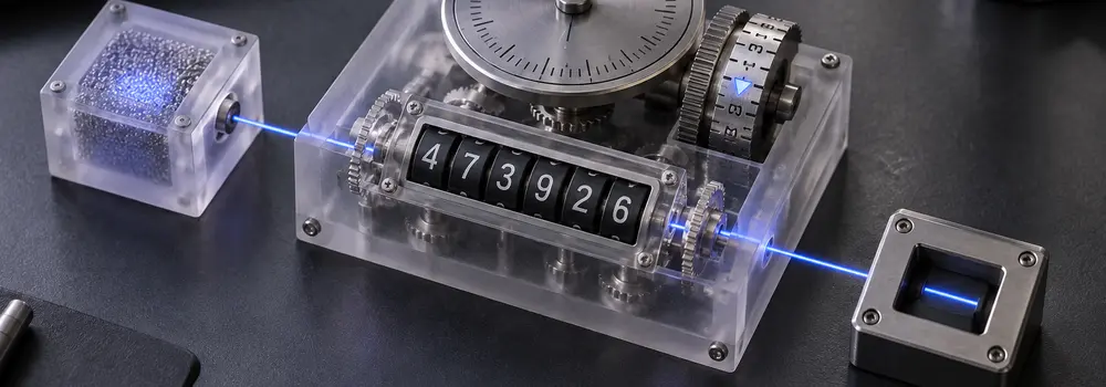 A mechanical six-digit authenticator connected to a time dial, counter and separate verifier.