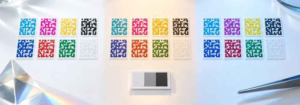 Three groups of coloured matrix swatches observed under neutral, warm and cool laboratory illumination.