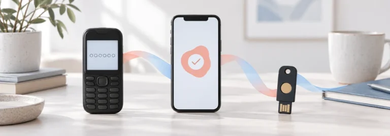 A feature phone, modern smartphone and hardware security key connected by a pale migration ribbon.