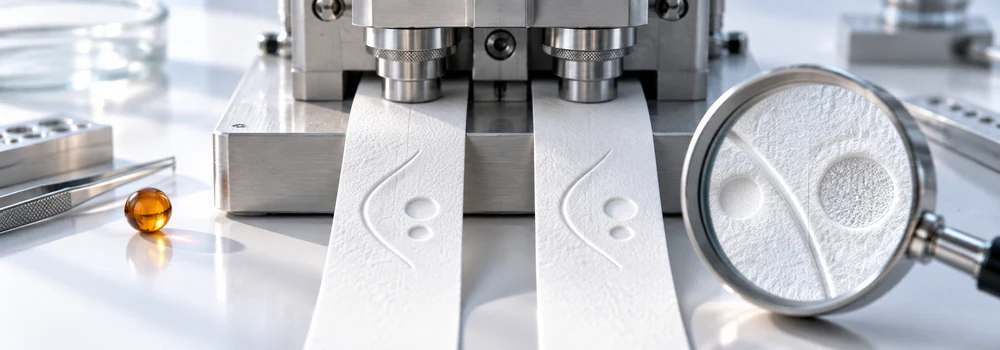Two embossed paper strips emerging from a precision press while a magnifier reveals their surface detail.