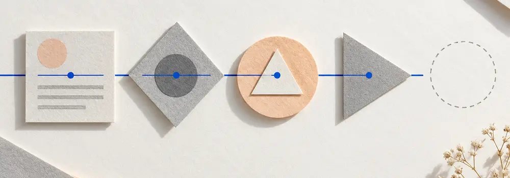 A sequence of geometric paper elements joined by a blue line, with one outlined element omitted from the sequence.