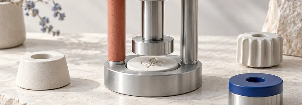 Several ceramic and metal components arranged around one precision press that produces a single impression.