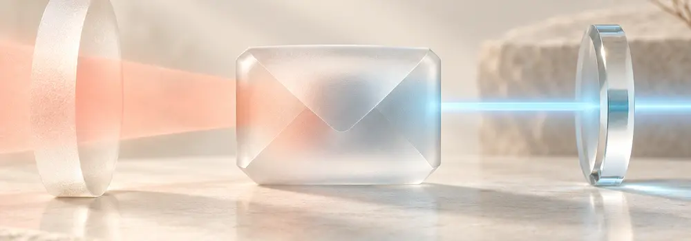 A frosted glass envelope between separate coral and blue optical paths.