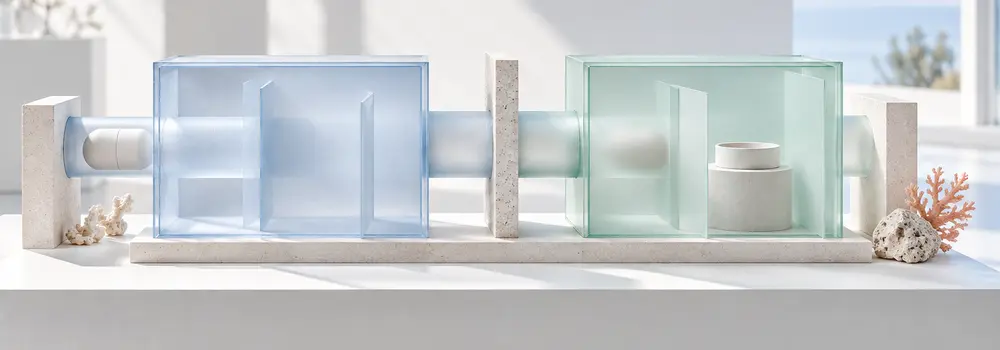 A sealed white capsule moves through two separate translucent architectural chambers.