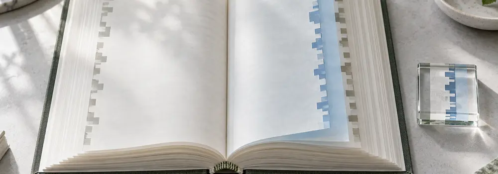 A translucent archival ledger and an independent glass witness tile share the same patterned edge.