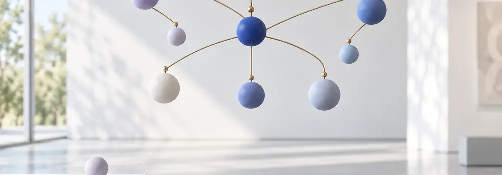 A balanced branching mobile has settled into a new arrangement after one ceramic node was removed.