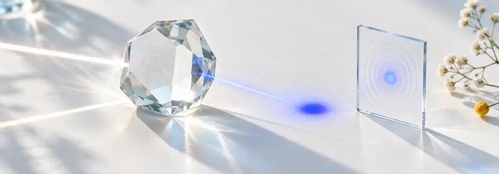 A faceted glass object produces one blue light point and a separate matching optical witness trace.