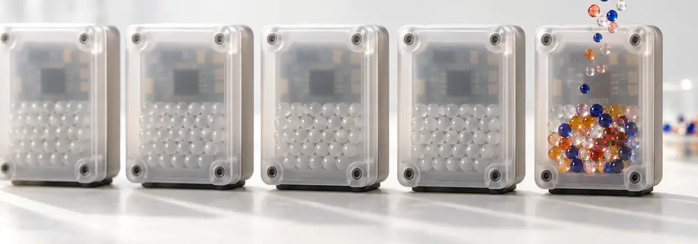 Identical embedded devices hold repeating white beads while varied glass beads begin entering the final unit.