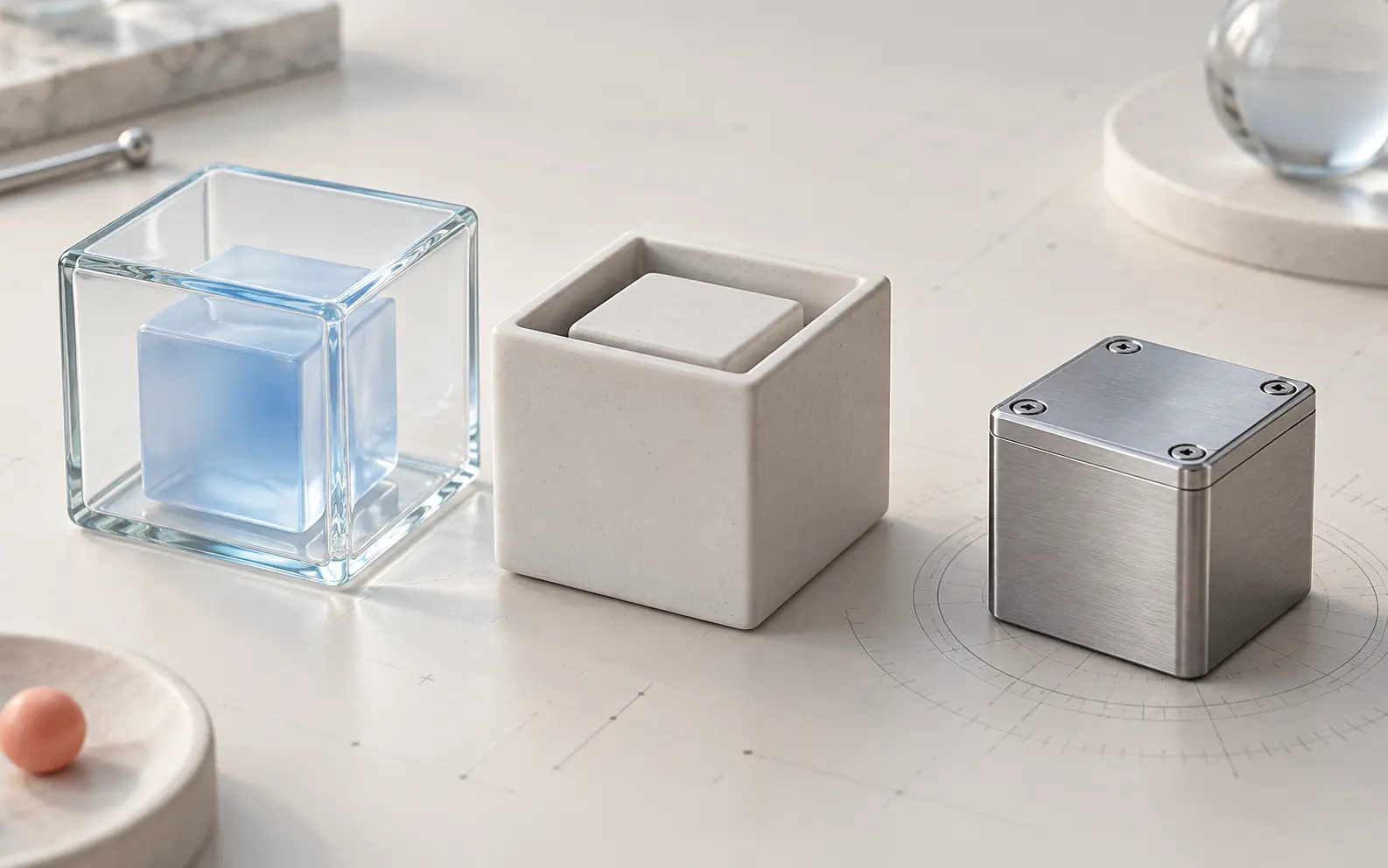 Three compact containers of translucent glass, matte ceramic and machined metal arranged on a pale laboratory surface.