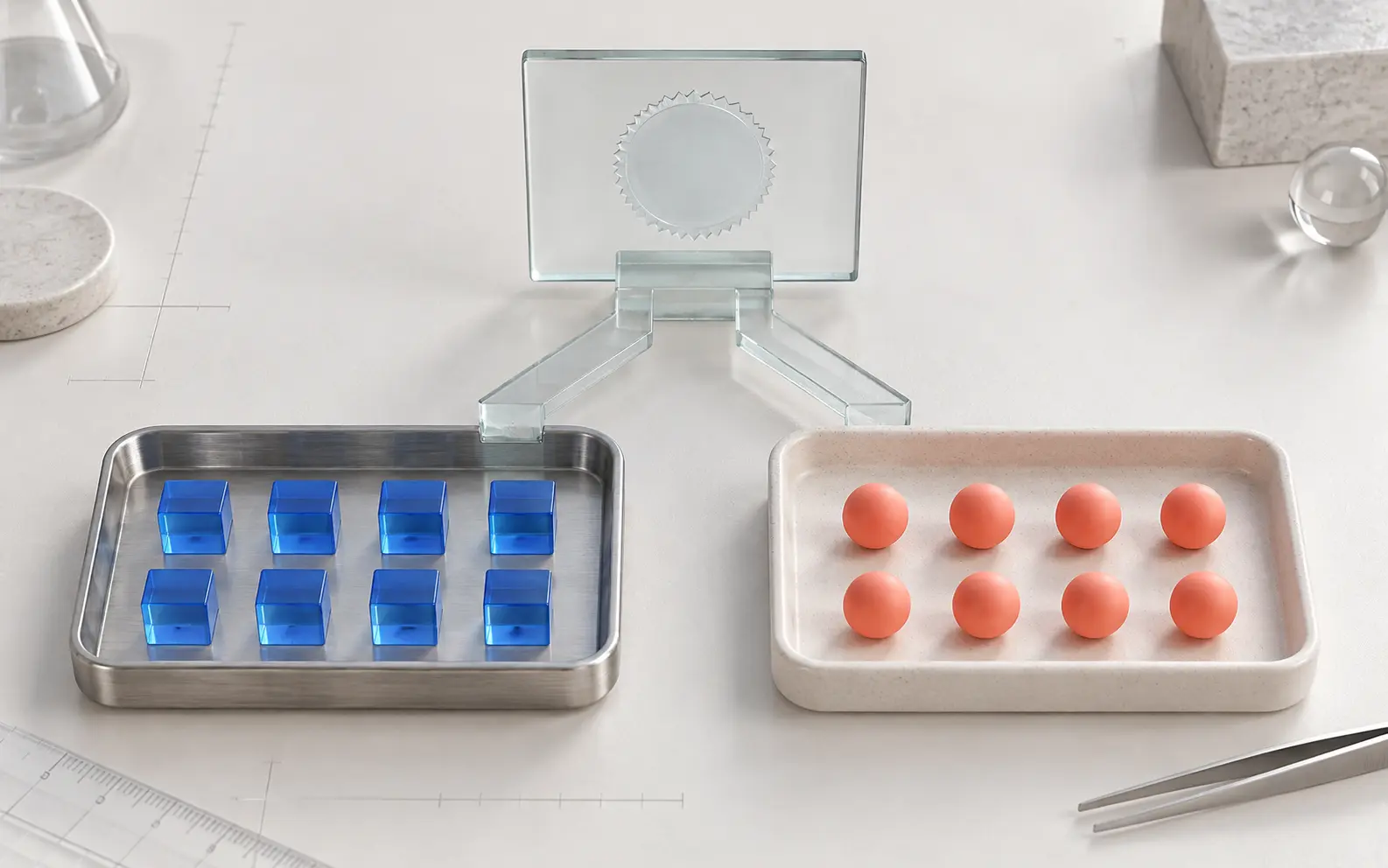 Two parallel metal and ceramic trays holding ordered blue and coral tokens beneath a translucent glass plate on a pale laboratory surface.