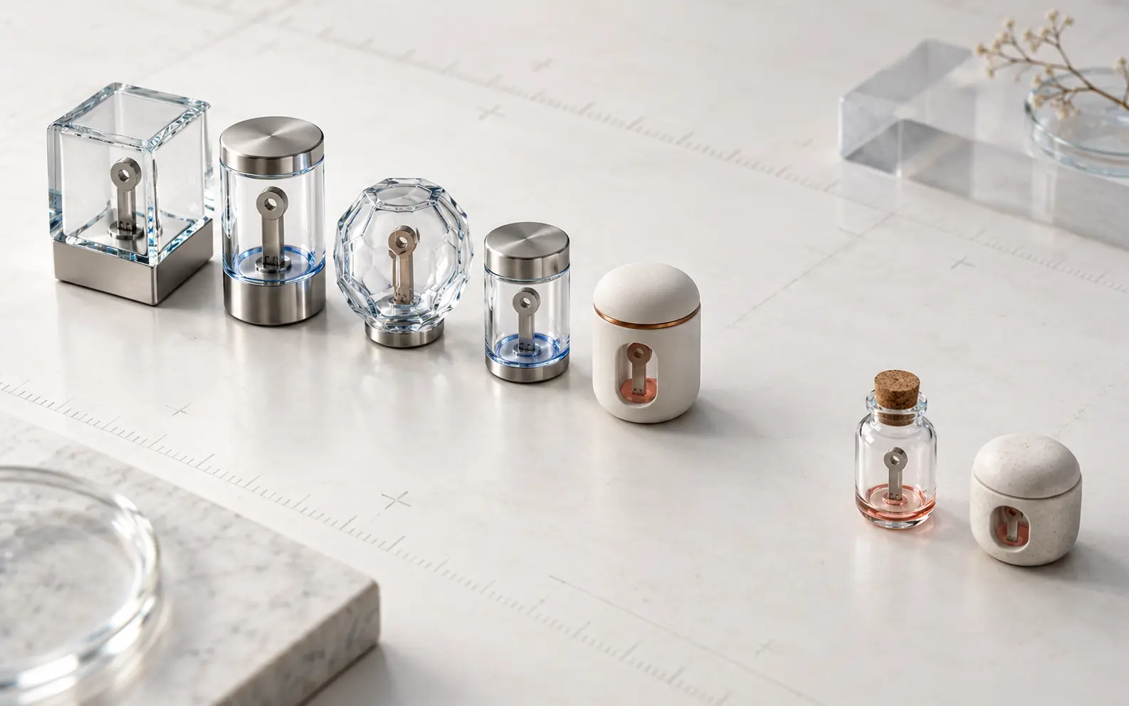 Seven glass, metal and ceramic containers arranged in a descending line with a wide gap before the final two on a pale laboratory surface.