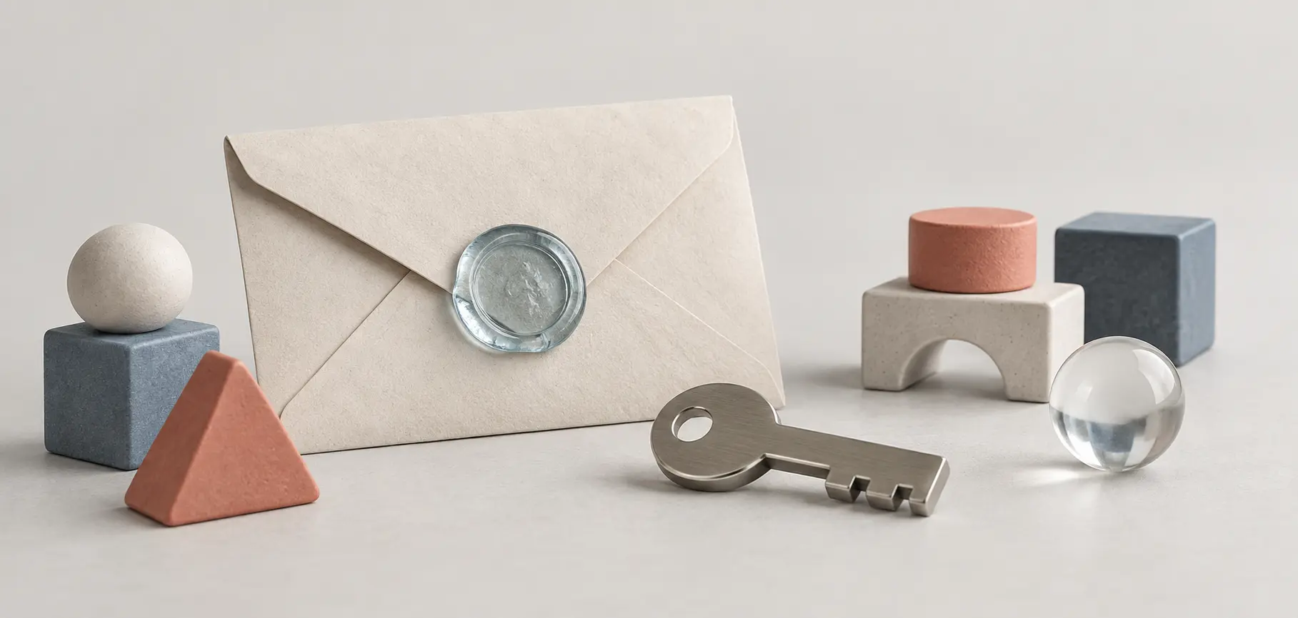 Paper envelope with a glass seal, metal key and ceramic blocks on a pale surface.