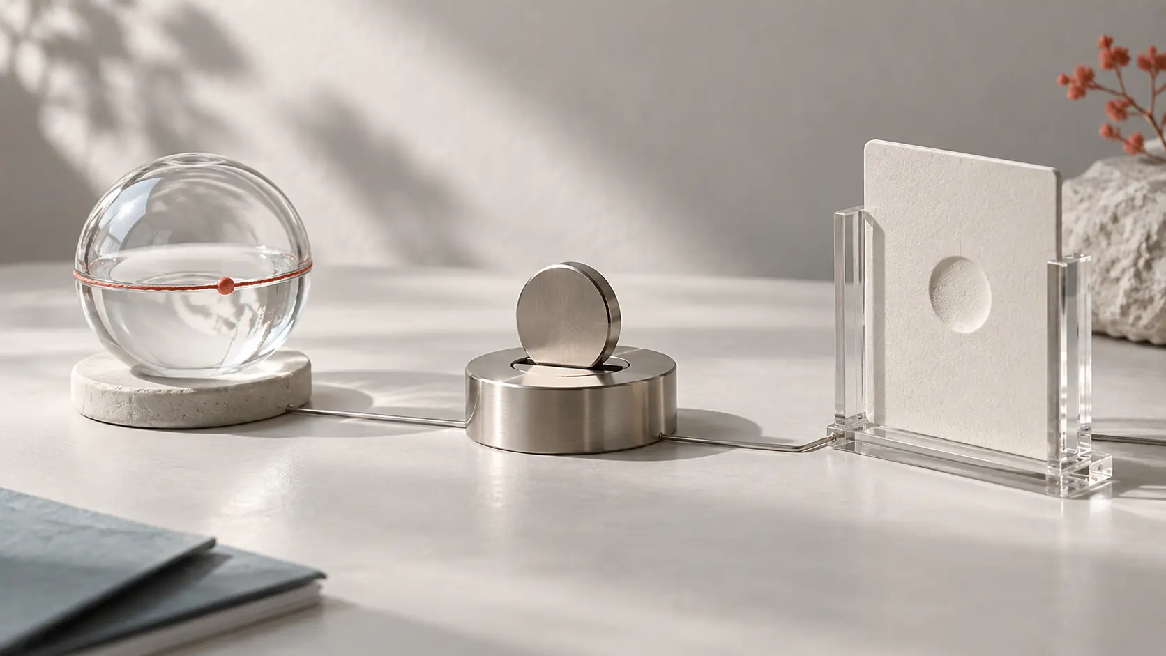 Three connected trust objects: a sealed glass sphere, a metal token and a ceramic credential card.
