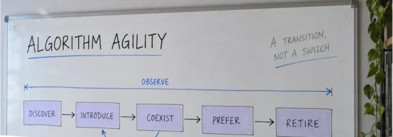 A whiteboard maps algorithm migration through discover, introduce, coexist, prefer and retire.