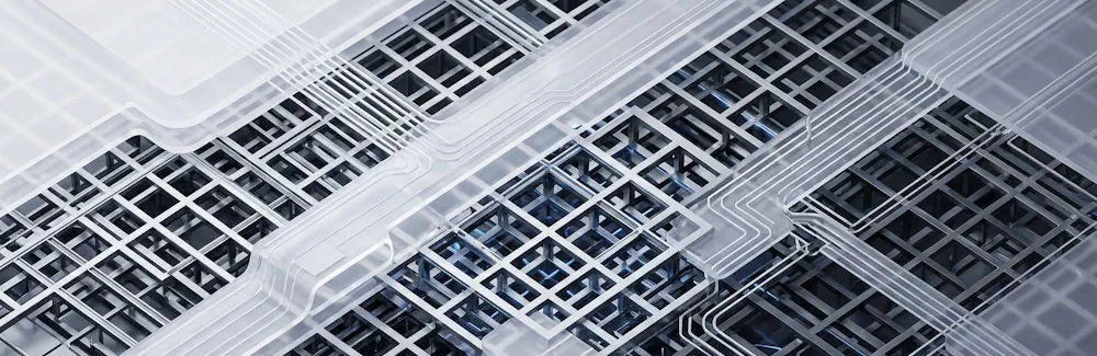 Transparent lattice-like channels interlock over a dark geometric base.