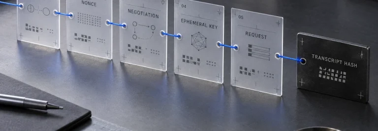 Transparent protocol cards for roles, nonce, negotiation, ephemeral key and request are linked to a transcript hash.
