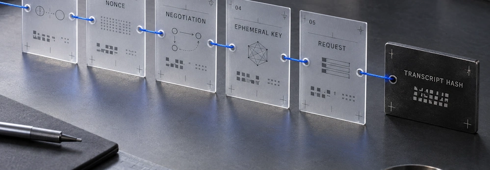 Transparent protocol cards for roles, nonce, negotiation, ephemeral key and request are linked to a transcript hash.
