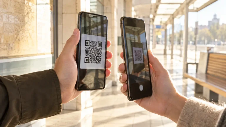 Two hands holding smartphones face to face as one displays a QR code and the other scans it in warm daylight