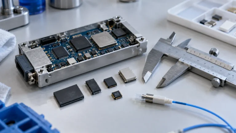 Close-up of an open hardware security module, loose chip packages, a precision caliper and a fiber lead on a pale metrology bench